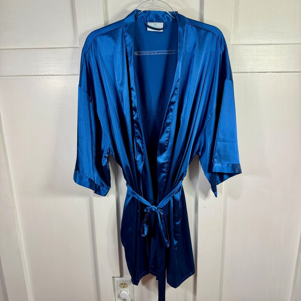 TURQUAZ Women's Blue Satin Robe Kimono Style Belted‎ Size XXL